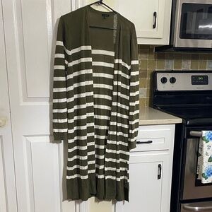 Talbots Olive and White Striped Open-Front Long Cardigan